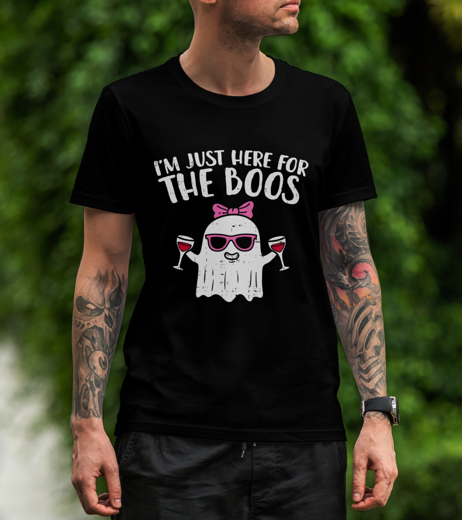 I'm Just Here For The Boos Ghost With Wine Glasses Halloween T-Shirt