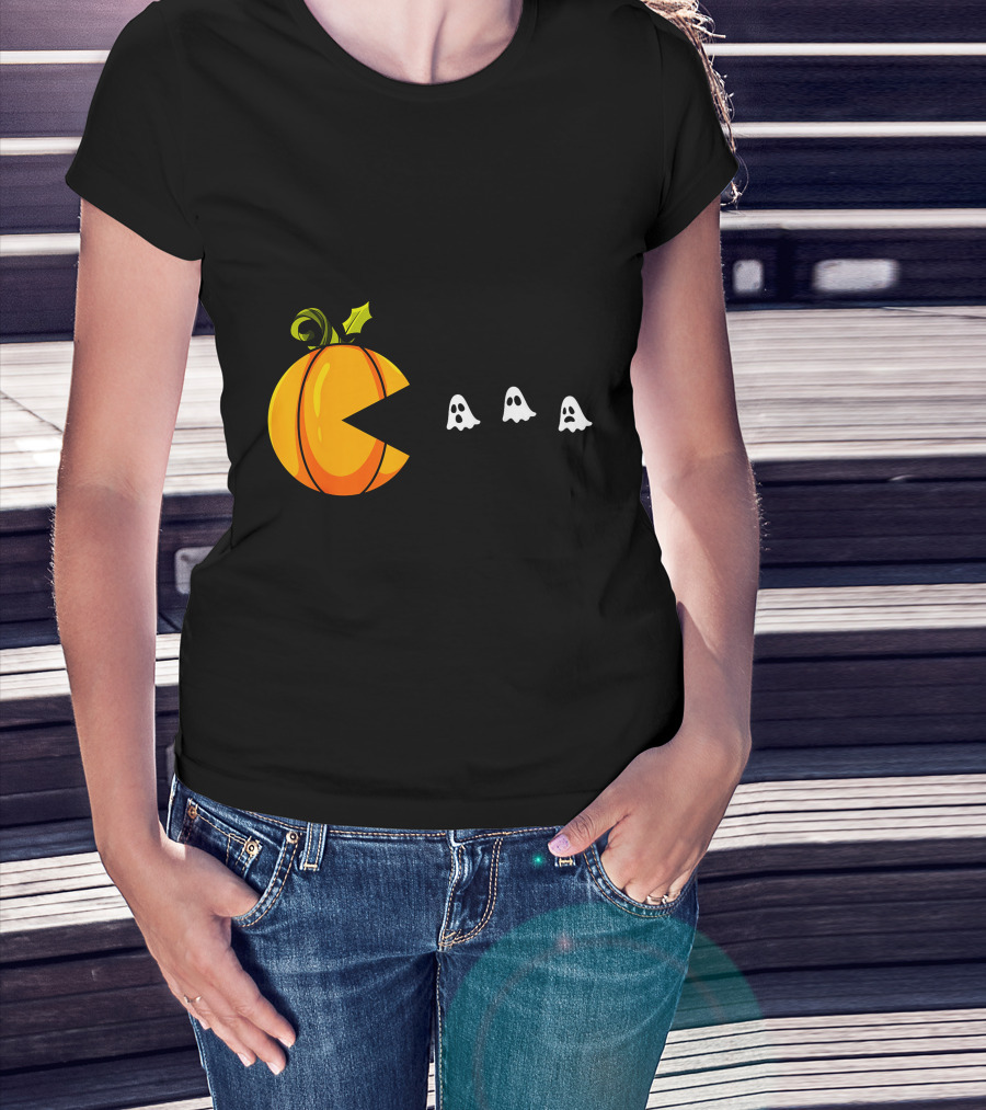 Pumpkin Pac-Man Chomping Ghosts Halloween T-Shirt
