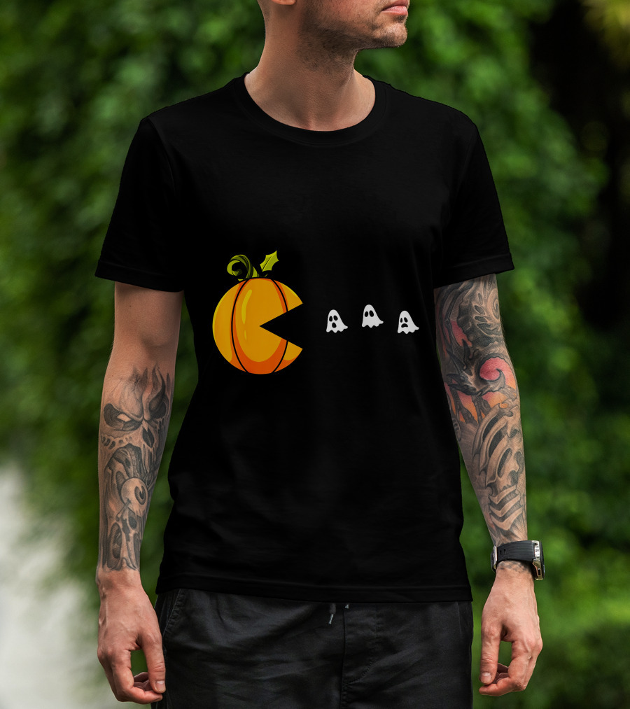Pumpkin Pac-Man Chomping Ghosts Halloween T-Shirt