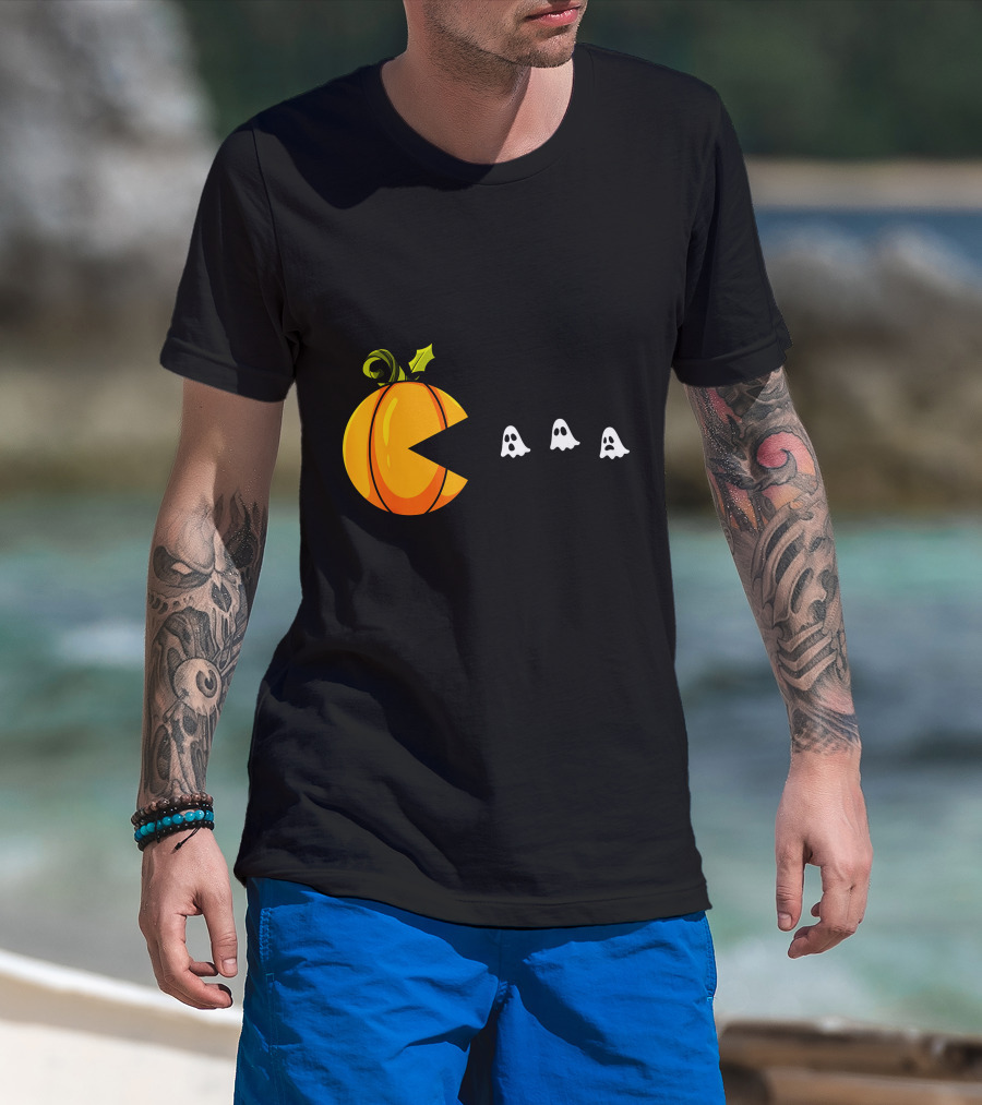 Pumpkin Pac-Man Chomping Ghosts Halloween T-Shirt