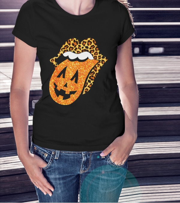 Leopard Lips Pumpkin Tongue Halloween Jack-O'-Lantern Face T-Shirt