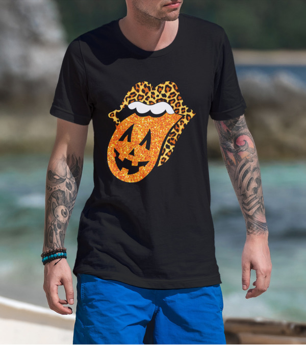Leopard Lips Pumpkin Tongue Halloween Jack-O'-Lantern Face T-Shirt