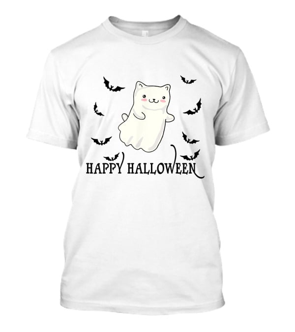 Happy Halloween Ghost Cat With Flying Bats T-Shirt