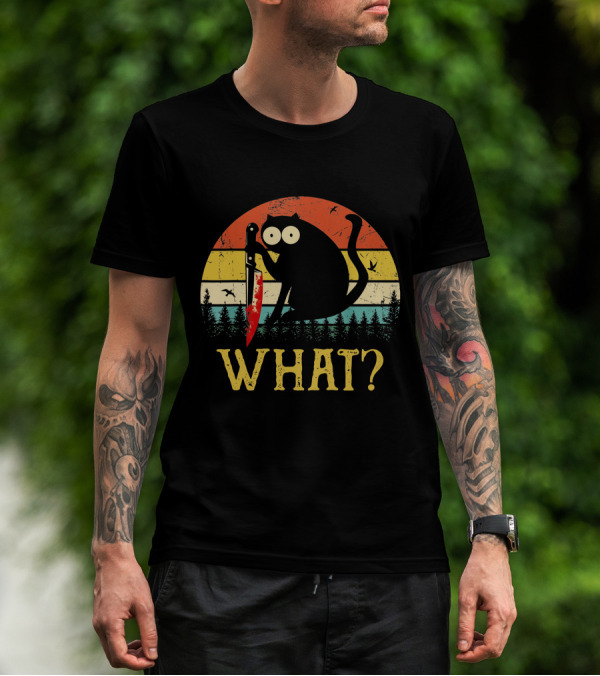 Black Cat What Retro Vintage Knife Sunset T-Shirt