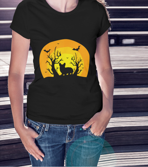 Corgi Dog Bat Halloween Silhouette With Moon And Trees T-Shirt