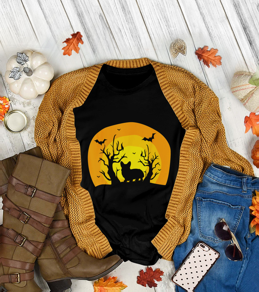 Corgi Dog Bat Halloween Silhouette With Moon And Trees T-Shirt