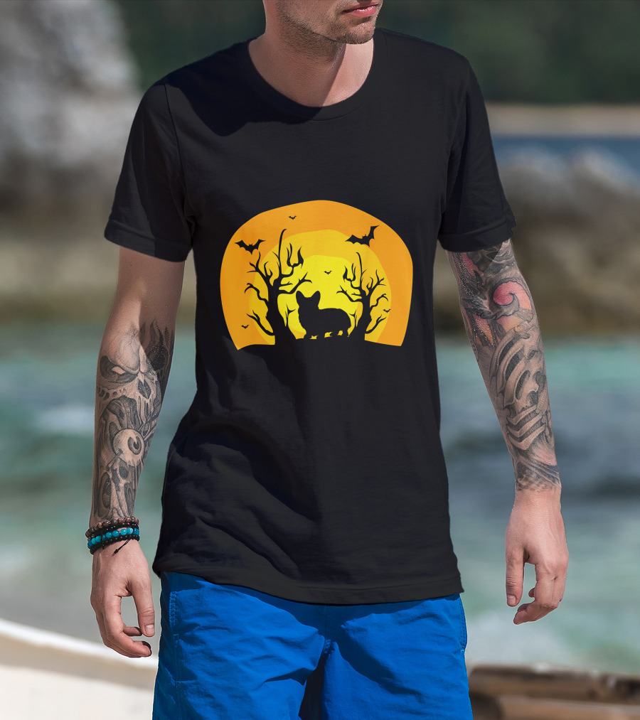 Corgi Dog Bat Halloween Silhouette With Moon And Trees T-Shirt