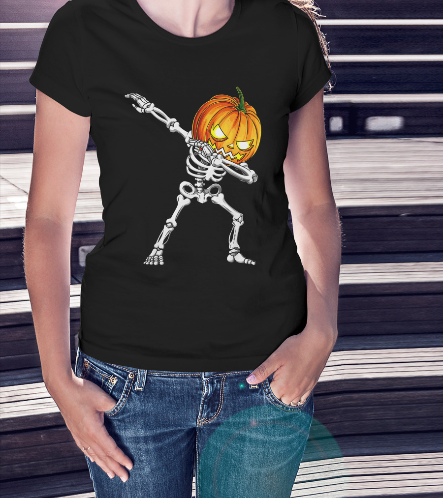 Halloween Dabbing Skeleton With Pumpkin Head T-Shirt
