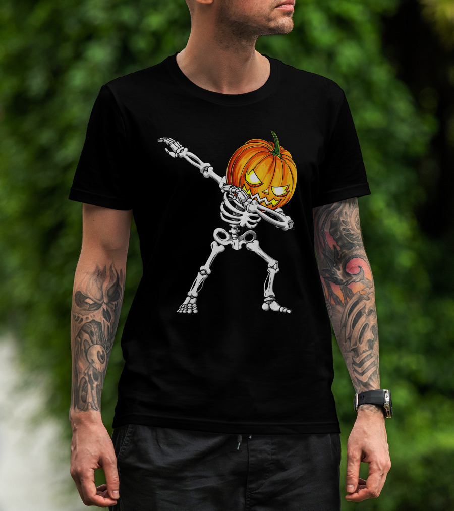 Halloween Dabbing Skeleton With Pumpkin Head T-Shirt