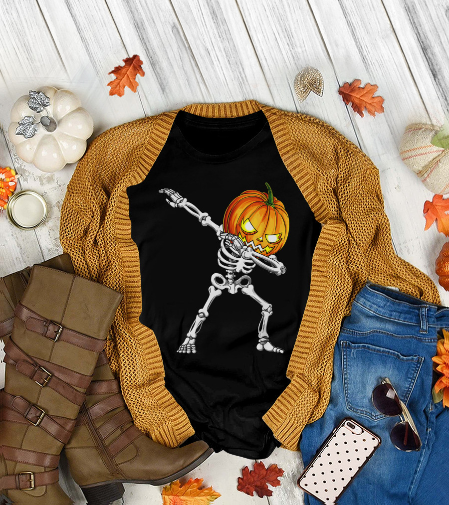 Halloween Dabbing Skeleton with Pumpkin Head T-Shirt