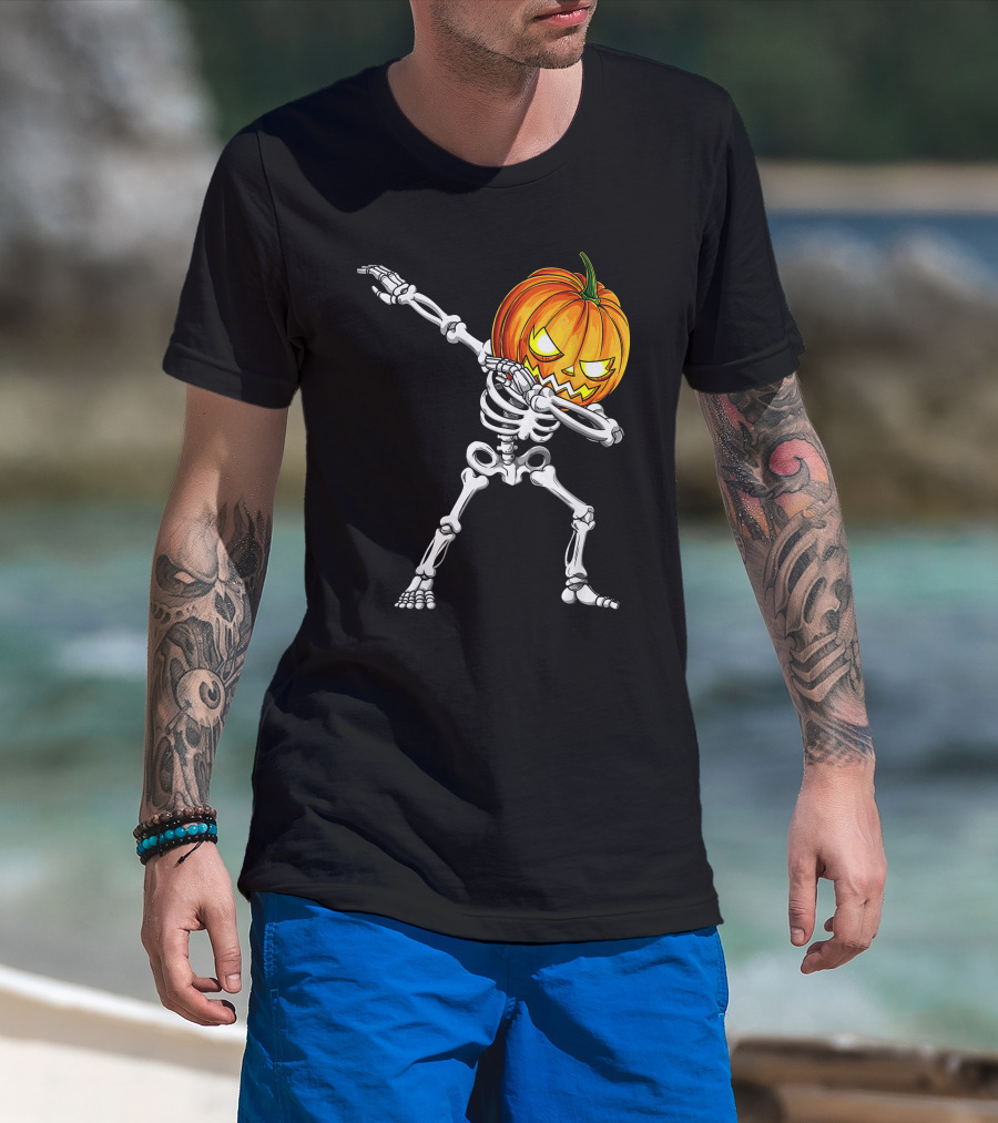 Halloween Dabbing Skeleton With Pumpkin Head T-Shirt