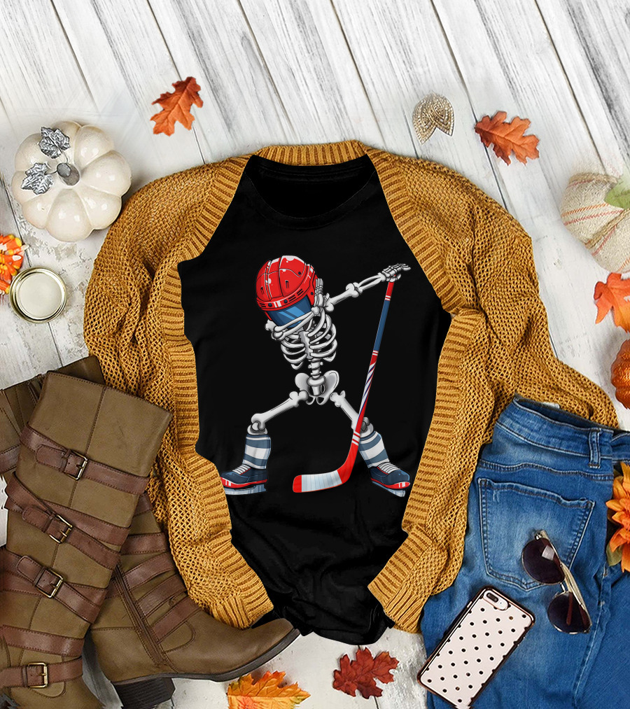 Dabbing Skeleton Ice Hockey Player Helmet and Stick T-Shirt
