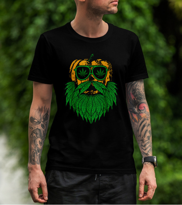 Weed Leaf Bearded Pumpkin With Sunglasses Costume Cool T-Shirt