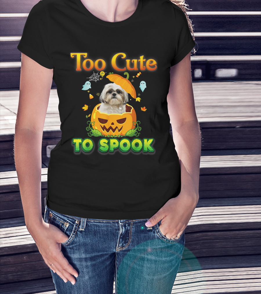 Too Cute To Spook Shih Tzu Dog In Pumpkin Halloween Ghost Leaves T-Shirt
