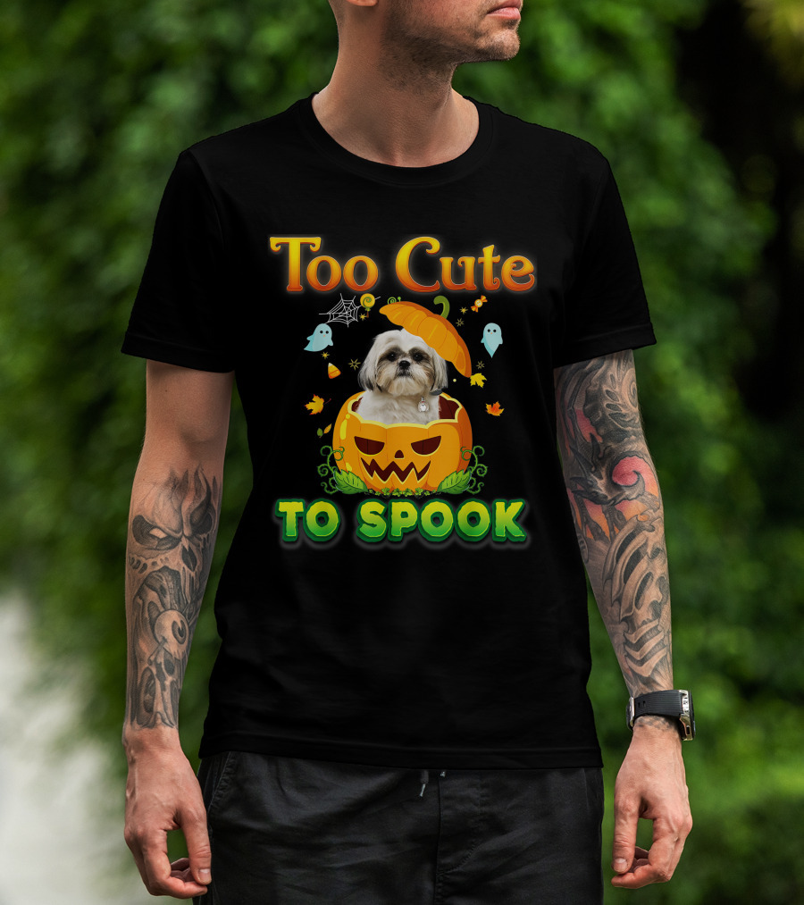 Too Cute To Spook Shih Tzu Dog In Pumpkin Halloween Ghost Leaves T-Shirt