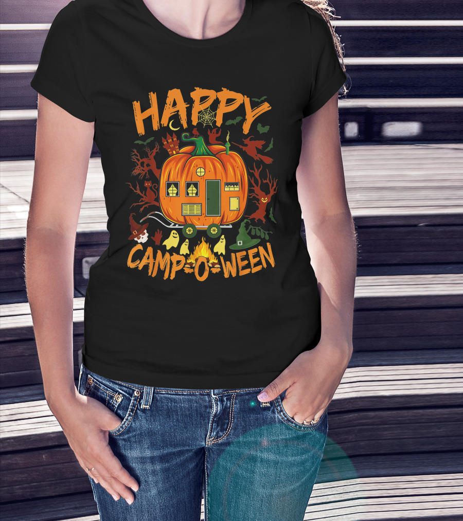 Happy Camp O Ween Funny Halloween Camping Camper Pumpkin Ghosts Witch Hat Spooky Fire T-Shirt