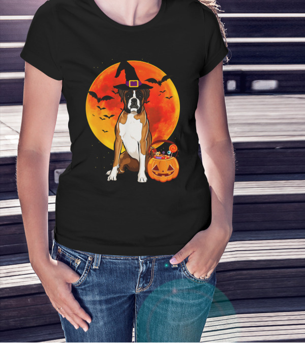 Boxer Dog With Witch Hat Pumpkin Full Moon Halloween Bats T-Shirt