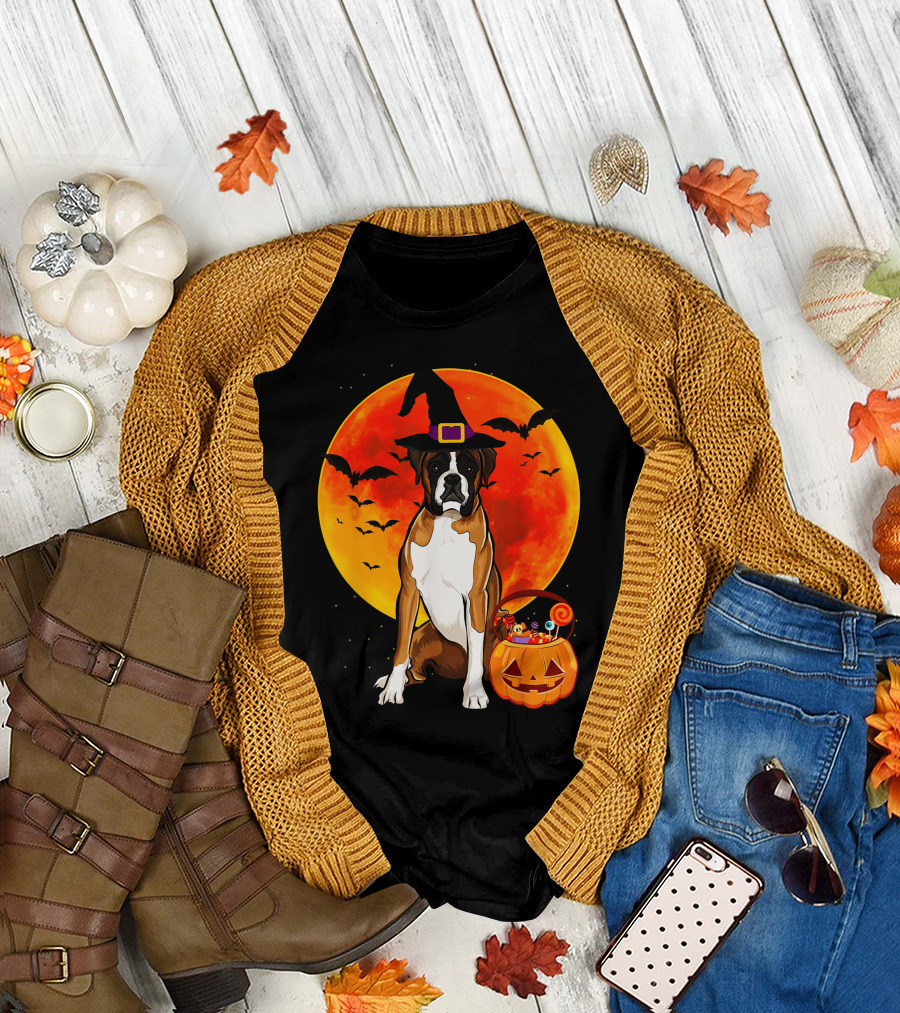 Boxer Dog with Witch Hat Pumpkin Full Moon Halloween Bats T-Shirt