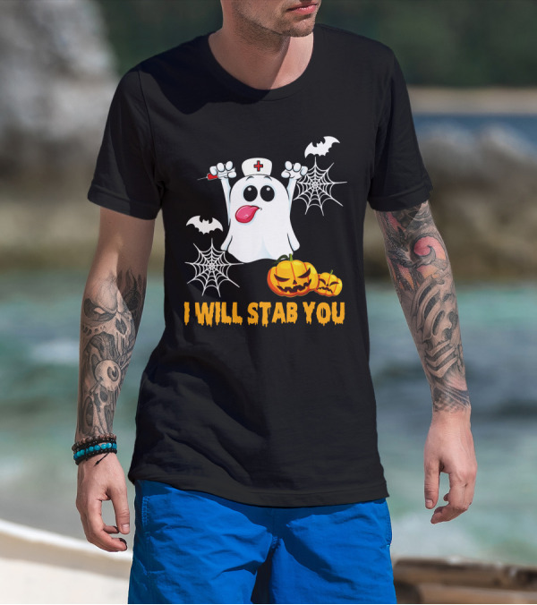 I Will Stab You Funny Nurse Ghost With Pumpkins And Bats T-Shirt