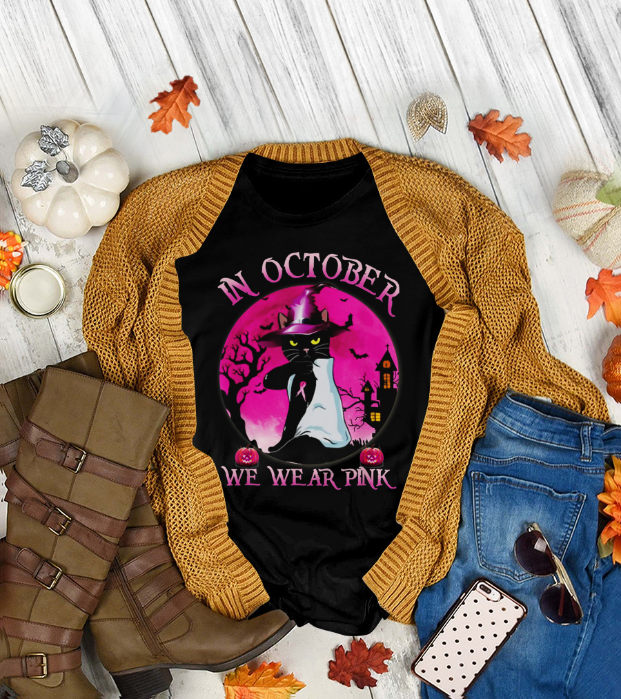In October We Wear Pink Cat Halloween Pink Ribbon Moon Bats Jack O'Lanterns T-Shirt