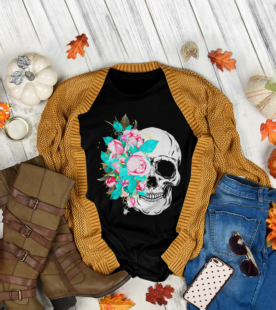 Flower Skull Floral Fusion with Vintage Rose Elements T-Shirt