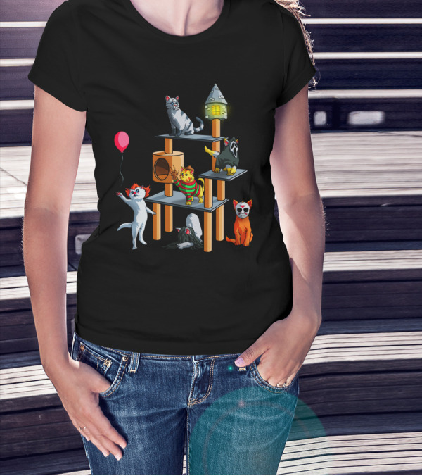 Funny Cat Horror Halloween With Cute Kitty Icons For Lovers T-Shirt