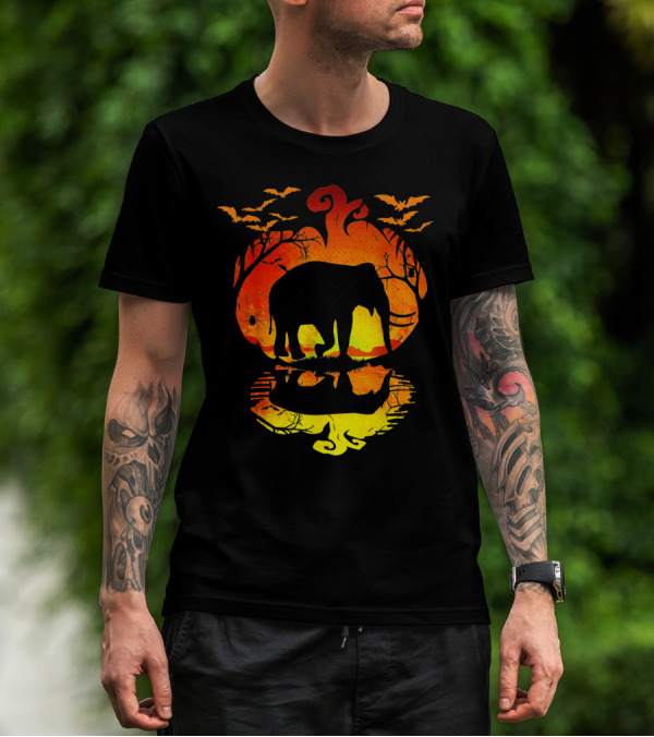 Elephant Silhouette Pumpkin Reflection With Bats And Trees T-Shirt