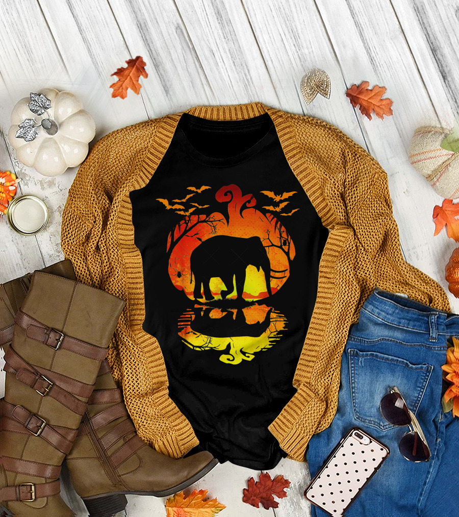 Elephant Silhouette Pumpkin Reflection with Bats and Trees T-Shirt