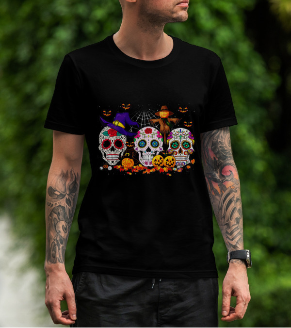 Sugar Skull Halloween Pumpkins And Scarecrow Scene T-Shirt