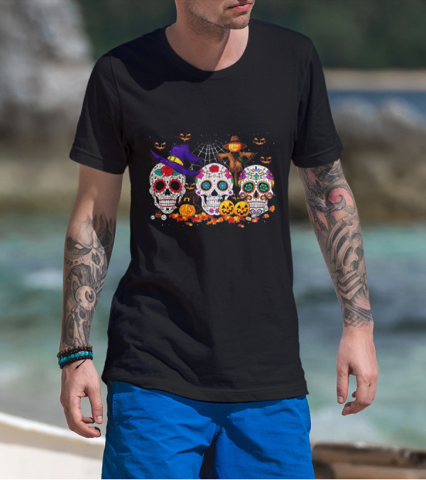 Sugar Skull Halloween Pumpkins And Scarecrow Scene T-Shirt