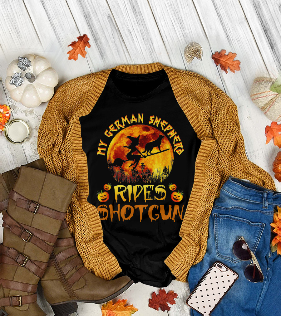 My German Shepherd Rides Shotgun Witch Halloween Pumpkins Moon T-Shirt