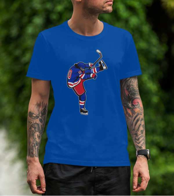Xanh Bien Hockey Player Kicking Pose Blue Background T-Shirt