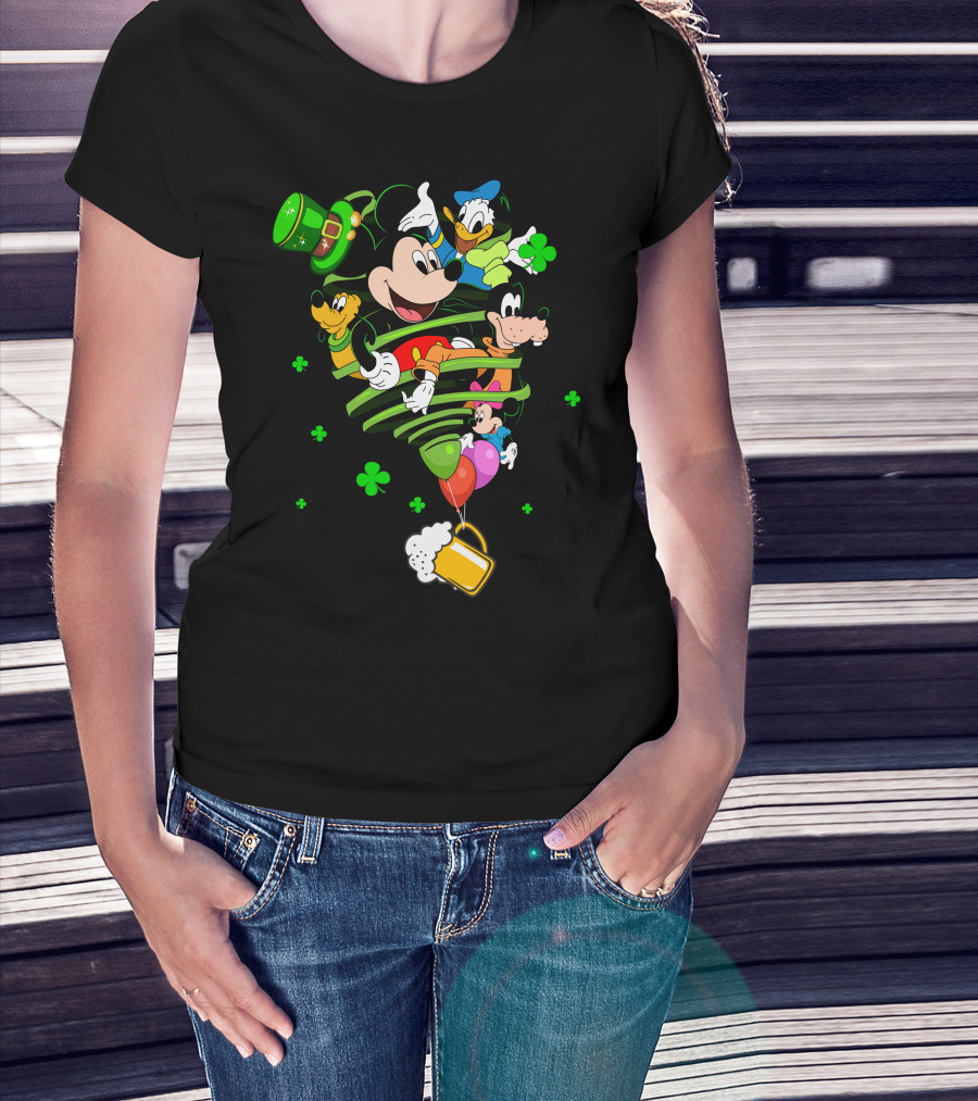 Mickey Mouse Donald Duck Goofy St. Patrick's Day Celebration With Shamrocks And Beer Mug T-Shirt