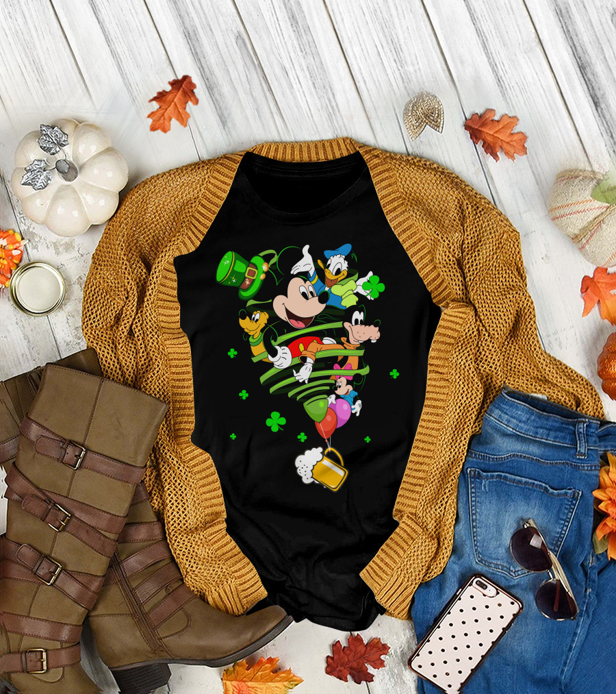 Mickey Mouse Donald Duck Goofy St. Patrick's Day Celebration with Shamrocks and Beer Mug T-Shirt