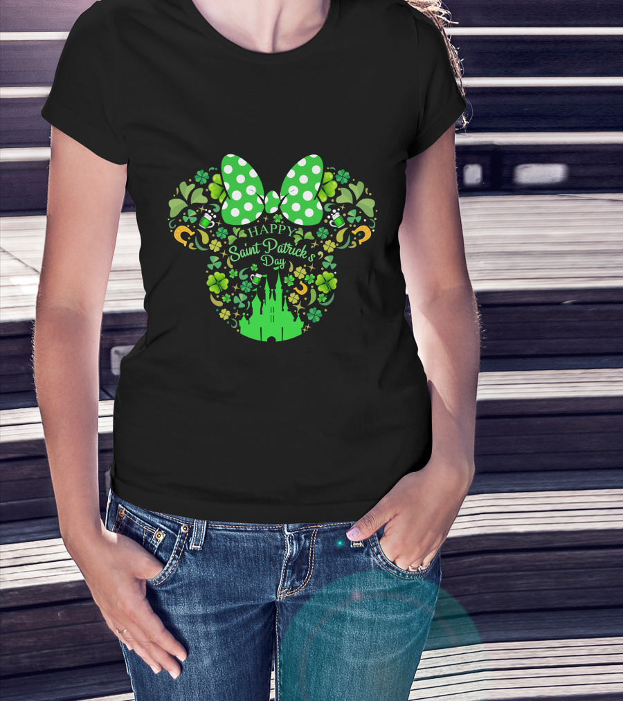 Happy Saint Patrick's Day Minnie Mouse Castle Clover Bow Beer T-Shirt