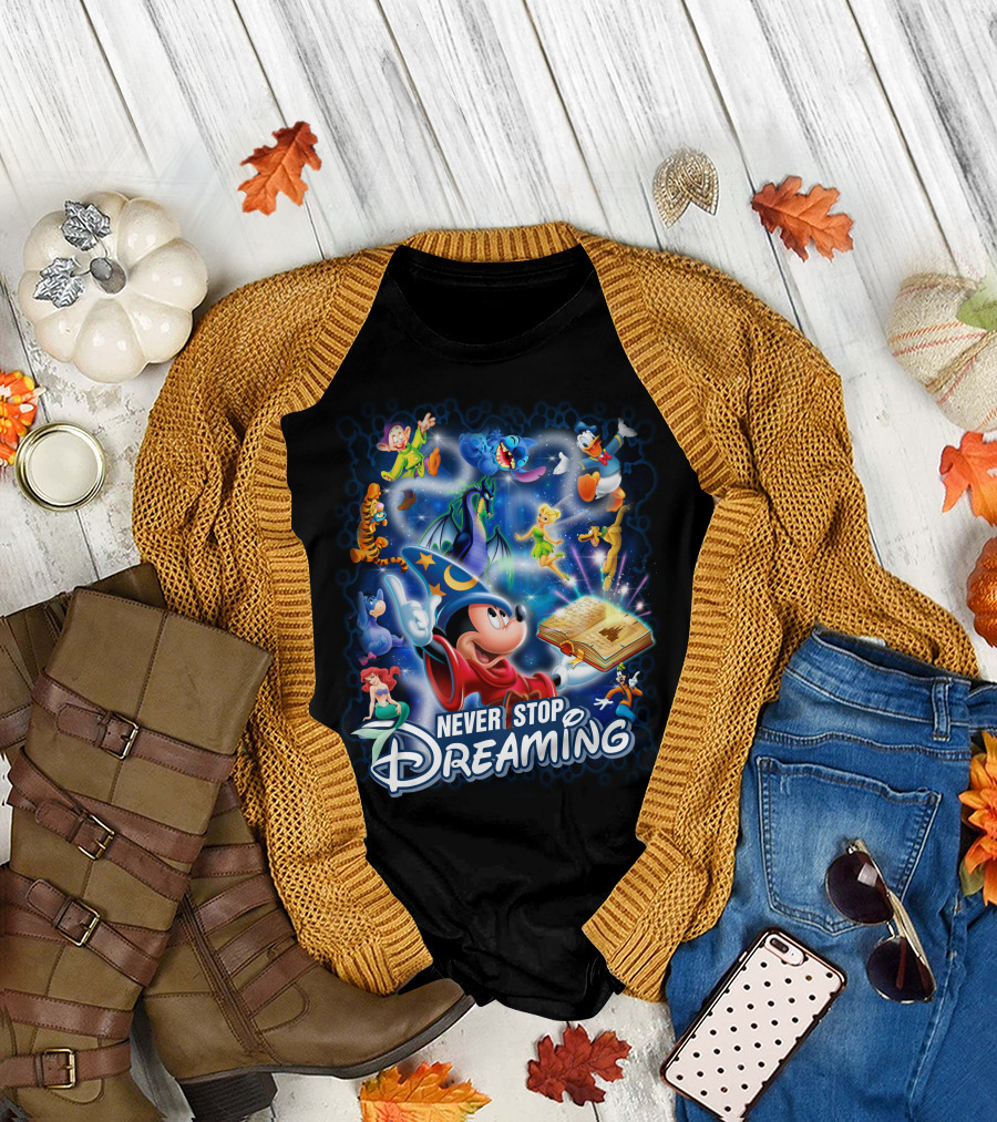 Never Stop Dreaming Disney Characters Magic Book T-Shirt
