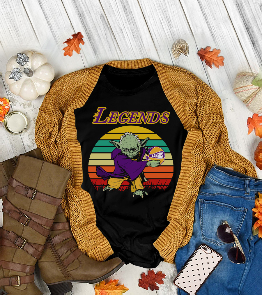 Legends Yoda Lakers Basketball Retro Stripes T-Shirt