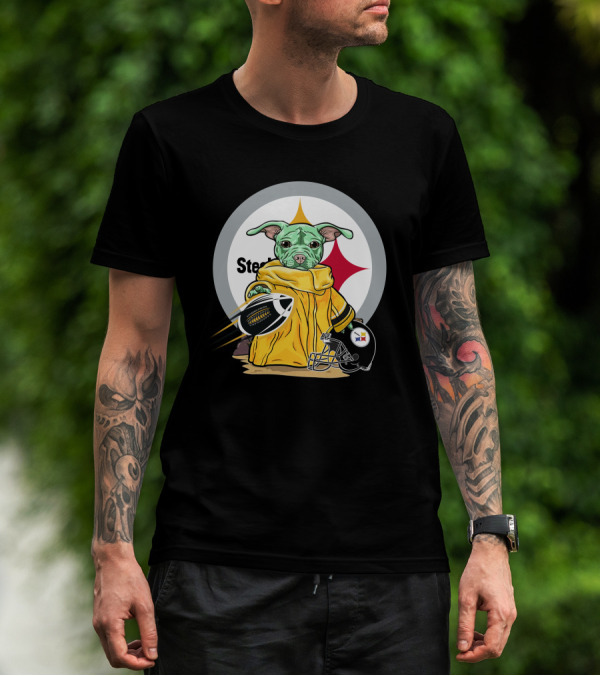 Pitbull Steelers Baby Holding Football With Steelers Logo And Helmet T-Shirt