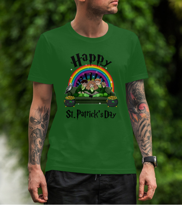 Happy St. Patrick's Day With Rainbow And Green Characters On Couch T-Shirt
