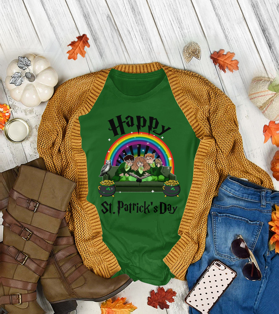 Happy St. Patrick's Day with Rainbow and Green Characters on Couch T-Shirt