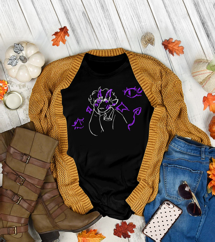 Purple Devil-Horned Character With Eyes And Symbols Sketch T-Shirt