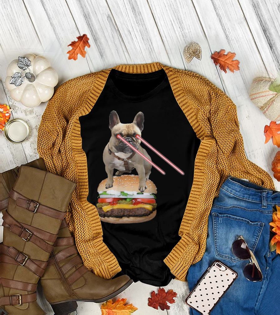 Bulldog with Laser Eyes Standing on Hamburger T-Shirt