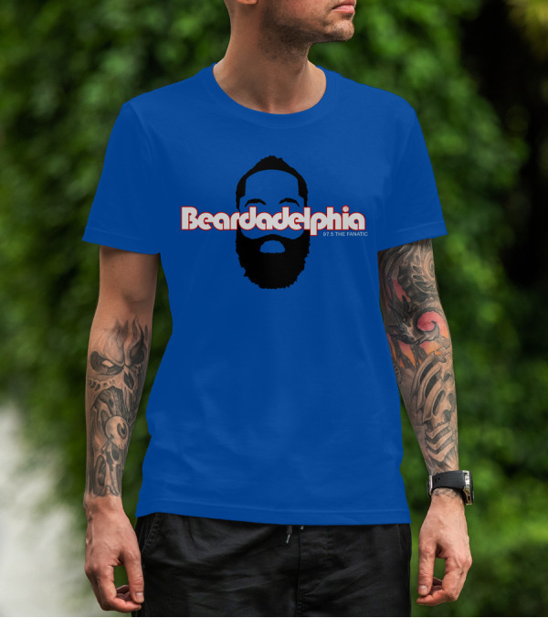 Beardadelphia 97.5 The Fanatic Silhouette Bold Text Blue Background T-Shirt