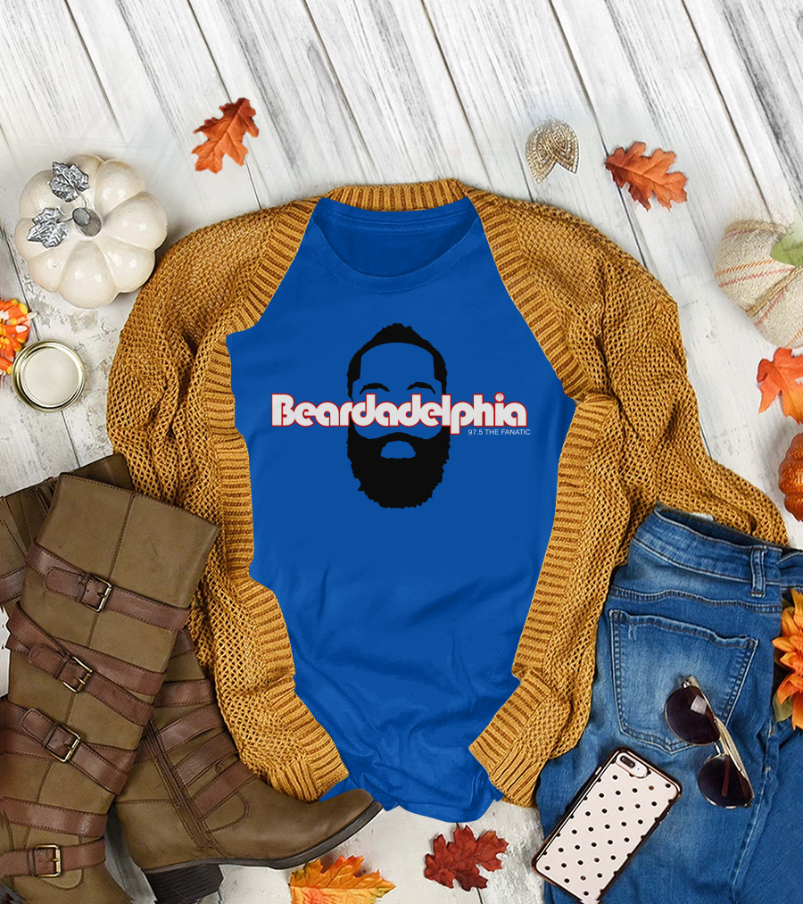 Beardadelphia 97.5 The Fanatic Silhouette Bold Text Blue Background T-Shirt