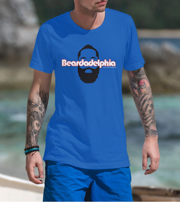 Beardadelphia 97.5 The Fanatic Silhouette Bold Text Blue Background T-Shirt