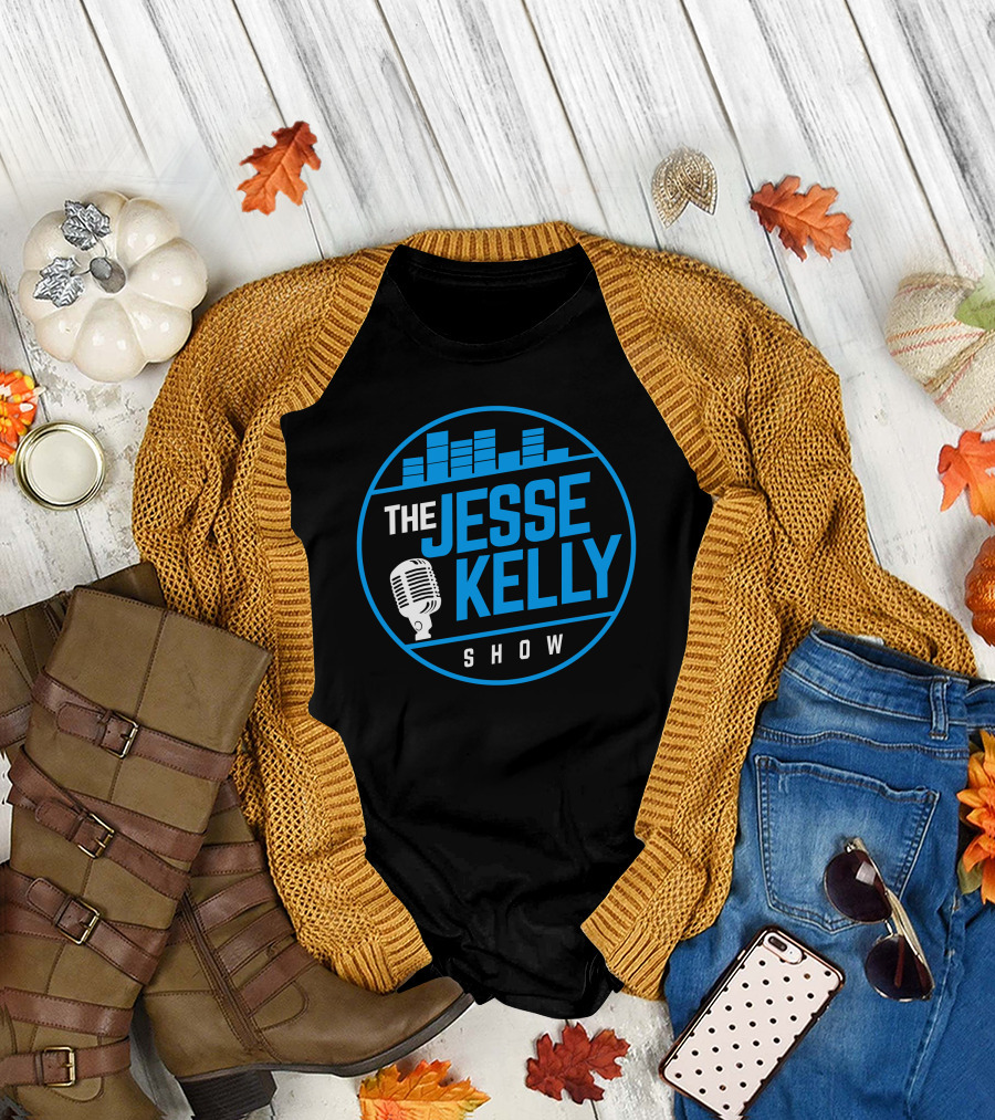 The Jesse Kelly Show Microphone Logo Design with Blue Text and Sound Bars T-Shirt