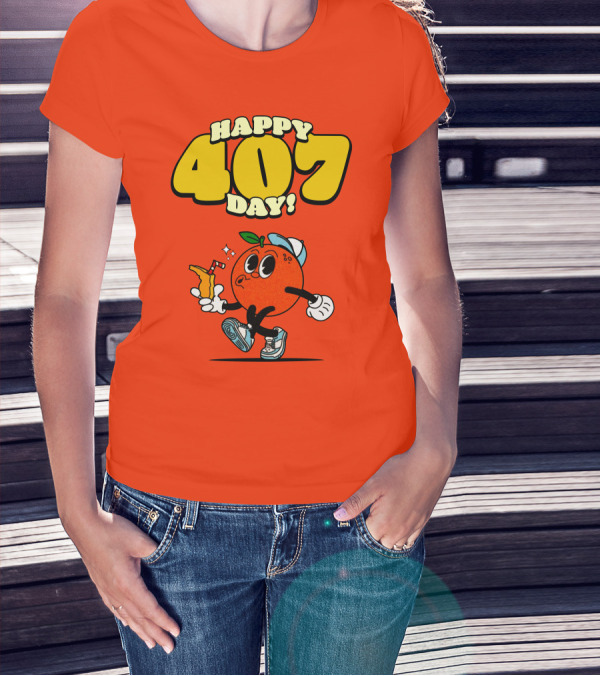 Happy 407 Day Orlando Orange Character With Drink And Sneakers T-Shirt
