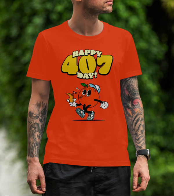 Happy 407 Day Orlando Orange Character With Drink And Sneakers T-Shirt