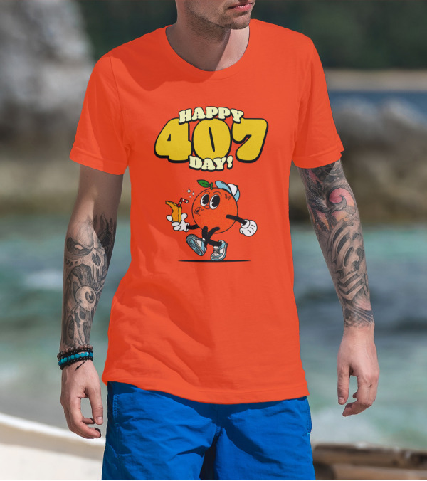 Happy 407 Day Orlando Orange Character With Drink And Sneakers T-Shirt