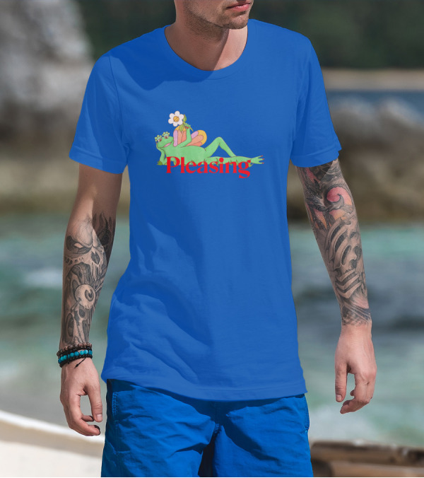 Pleasing Frog With Flower On Sky Blue Crewneck T-Shirt